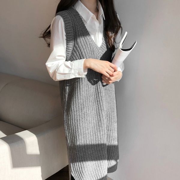 

new v-neck casual mid length vest sweater dress, Black;gray