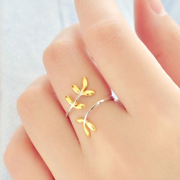 

flyleaf new arrival 925 sterling silver leaves open rings for women hypoallergenic sterling silver jewelry lady gift, Golden;silver