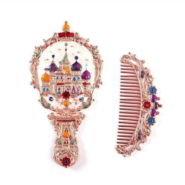 

russian retro style handheld makeup mirror comb set foldable cosmetic mirror exquisite mirror with gift box