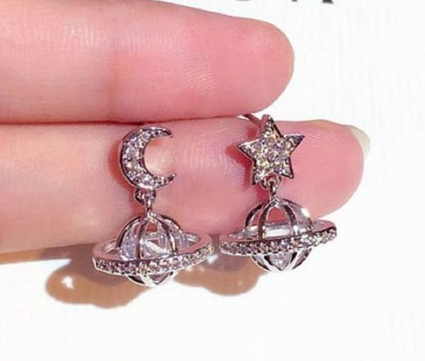 

lovely sparkling diamond zircon moon star ufo stylish pendant stud earrings for women girls fashion luxury silver post, Golden;silver