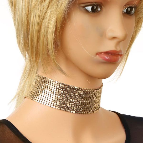 

choker ожерелье женщин цепи glittery блестящая smooth регулируемый широкий mesh плоский цепи металла chocker воротник сплава ожерелье, Golden;silver