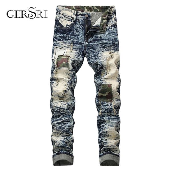 

gersri european american style mens fashion jeans luxury men's denim trousers hole slim straight zipper jeans pants, Blue