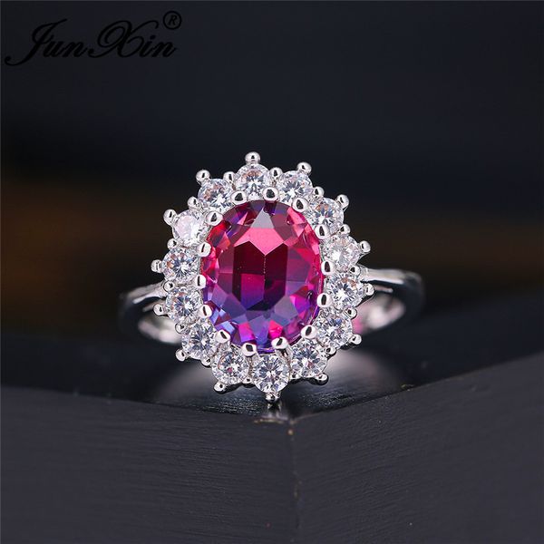 

wedding rings mystic rainbow fire crystal stone sunflower for women silver color oval blue red pink zircon bands jewelry cz, Slivery;golden