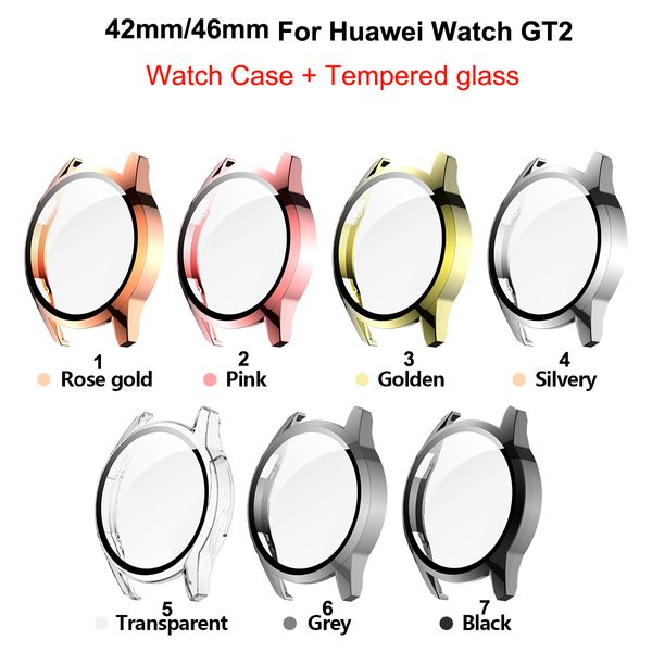 Caso de relógio com vidro temperado para Huawei Watch GT 2 42mm / 46mm Caso PC Watch Cover Acessórios Protetor de tela de quadro Atacado fábrica