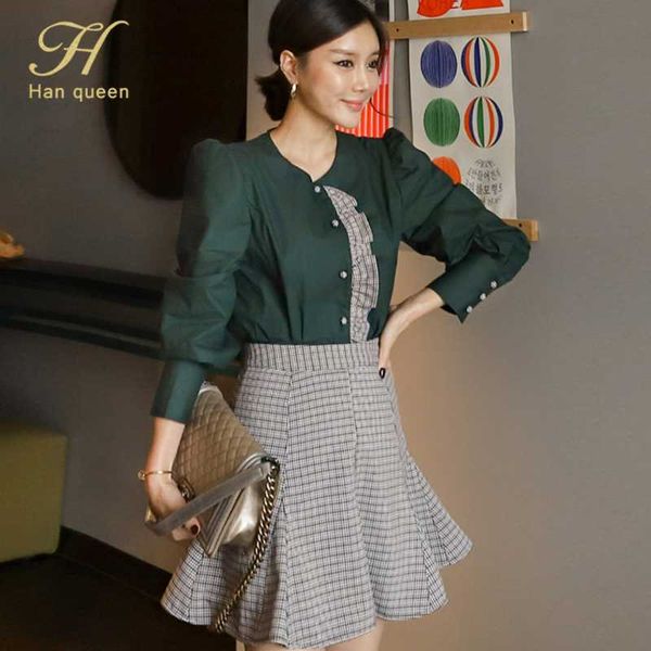 

h han queen new 2 pieces set women autumn single-breasted shirts and high waist plaid a-line skirts elegant office skirt suit, White