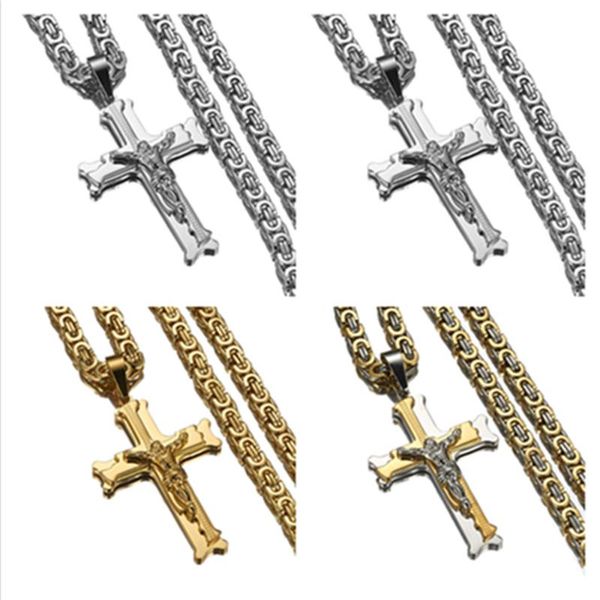 

charming jesus cross pendant necklace hip hop rock stainless steel two layers cross with byzantine chain necklace jewelry gift, Silver