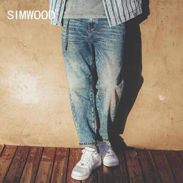 

men's jeans simwood 2021 autumn winter dark washed men thick loose tapered cotton ankle-length plus size denim trousers sj120764, Blue