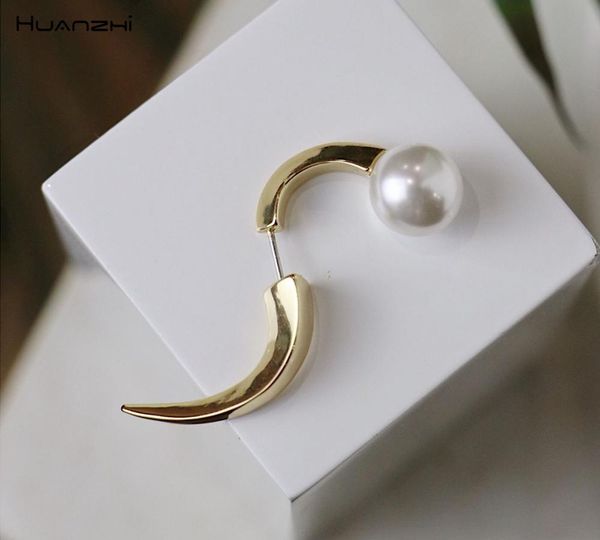 

huanzhi 2019 new design gold silver curved metal line sharp ox horn geometric twisted pearl earrings for women girl gift party, Golden