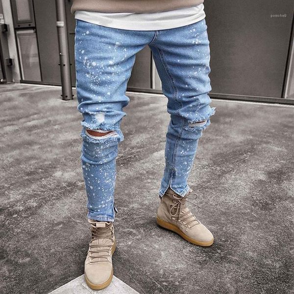 

designer mens jeans spring autumn knee holes zipper hiphop pants pantalones light blue spark