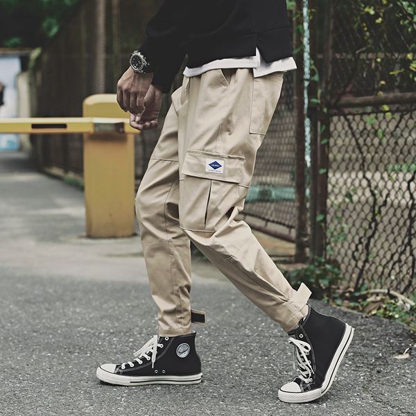 

autumn japanese-style loose men ankle banded pants bib overall large size capri pants, casual male small feet, Black