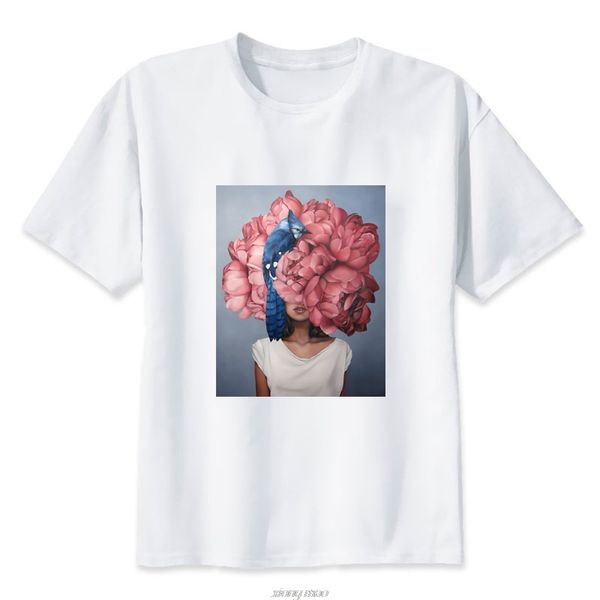 

2020 новый t shirt женщины 100% harajuku эстетика tshirt sexy цветы перо птицы печати с коротким рукавом o-образным вырезом топы тис