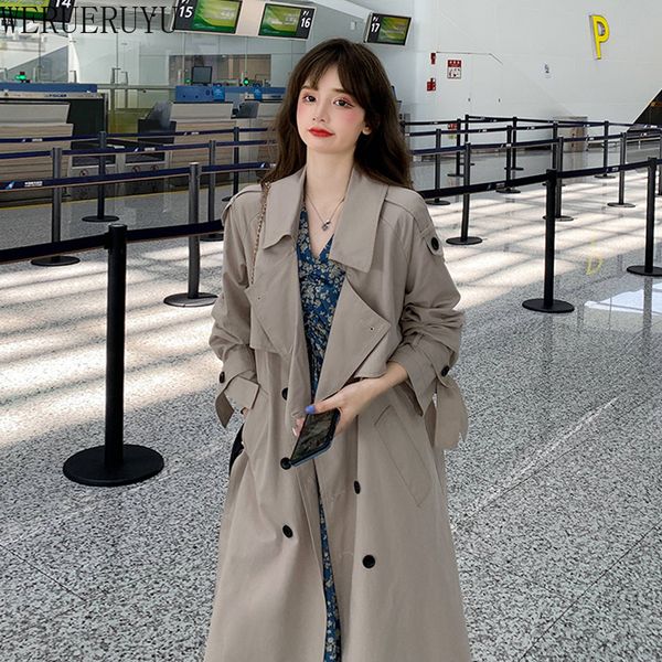 

new women trench coat slim windbreaker double breasted long trench coat overcoat outwear solid color oversize coats for 2020, Black