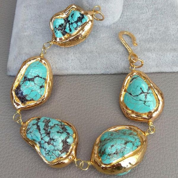 

tennis 9'' orm blue howlite 24 k yellow gold color plated bracelet, Golden;silver