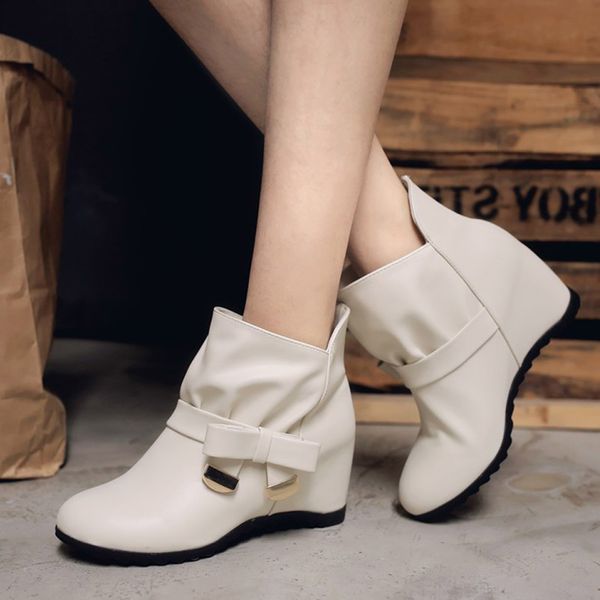 

women ankle boots winter woman height increasing female short plush footwear ladies pu leather mid heels women's shoes plus size, Black