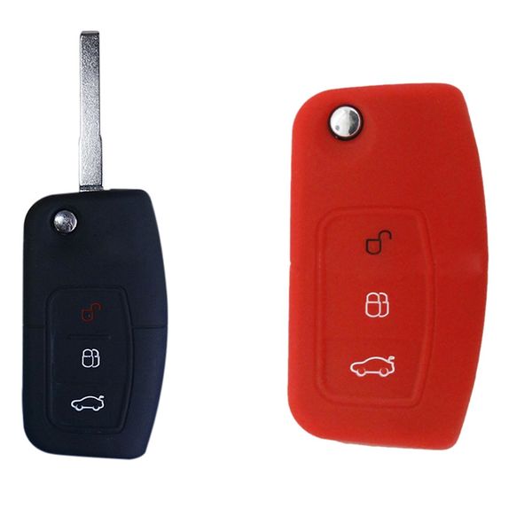 

2 pcs silicone car key cover remote cover fit for fiesta 3 buttons fold key silicone-red & black