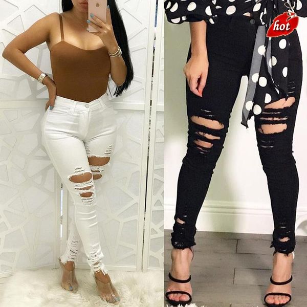 

women's jeans 2021 fashion black and white skinny casual pencil pants hole ripped high waist elastic wash for women plus size o8r2, Blue