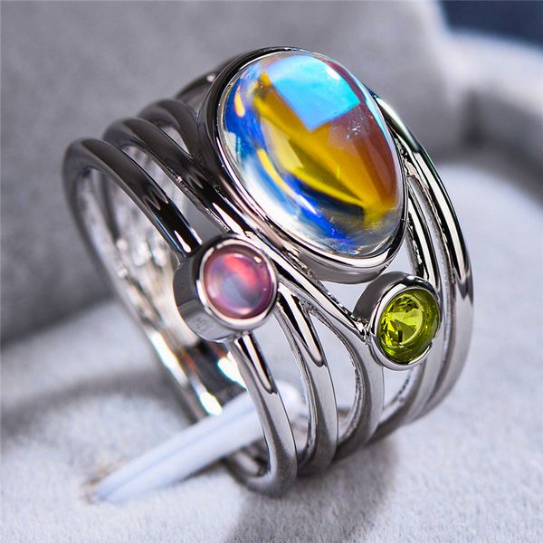 

boho female ladies big moonstone ring rose gold color wedding bands jewelry promise love engagement rings for women, Golden;silver