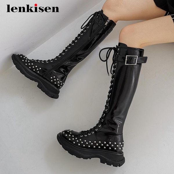 

lenkisen equestrian boots natural leather rivet decorations buckle round toe thick med heel zipper fashion knee-high boots l04, Black