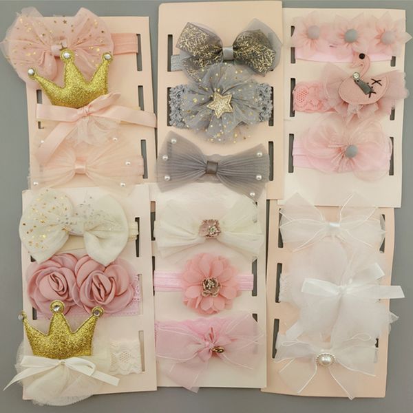 

3pcs/set flower baby girl headband bows crown newborn toddler turban hair band headbands for girls kids accessories, Slivery;white