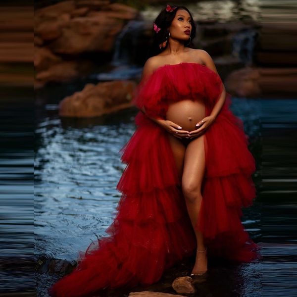

bridal maternity robes hi low red strapless long ruffled tulle maternity dresses custom made p shoot gowns, White;pink