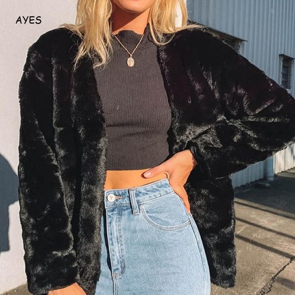 

искусственного меха пальто зимы женщин теплое пальто шерсти шинель женщины дамы поддельный куртка streetwear с длинным рукавом shaggy black