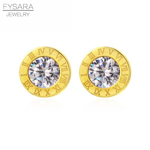 

stud fysaya lady jewelry roman number earring crystal gold-color 316l stainless steel love earrings for women party gift, Golden;silver