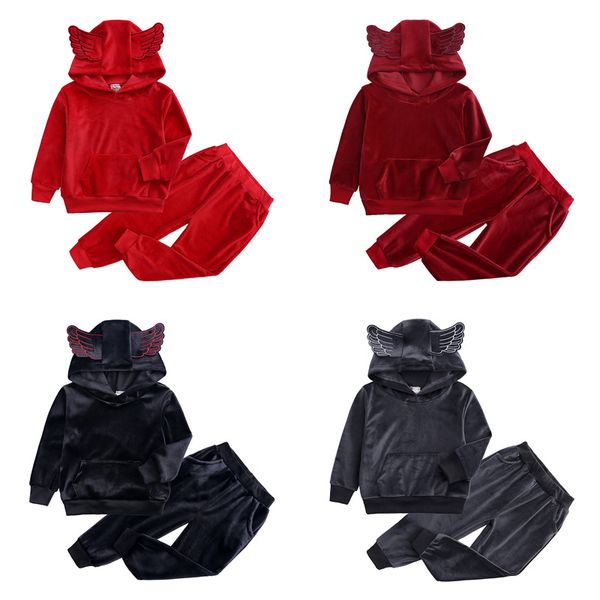 

autumn girls boys clothing sets winter children fashion hooded sweatshirt coats and pants suit velvet tracksuit kids clothes set, White