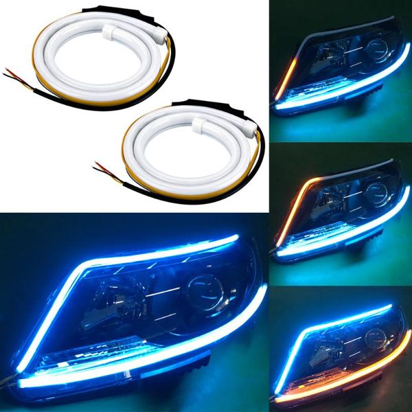 

car styling 2pcs 60cm car auto amber white sequential flow strip led flexible drl headlight turn signal switchback light lamp
