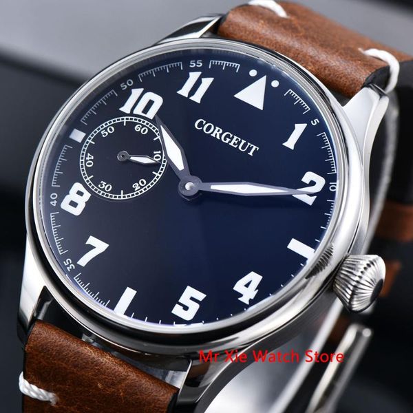 

corgeut 44mm watch men 17 jewels hand winding 6497 movement luminous waterproof mechanical wristwatches leather strap, Slivery;brown