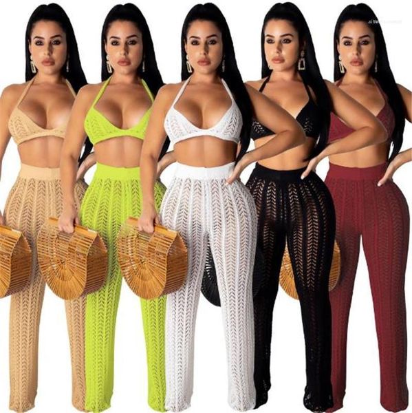

halter summer suits hollow out see through sets fashion solid knitting two piece pants ladies lace up, White