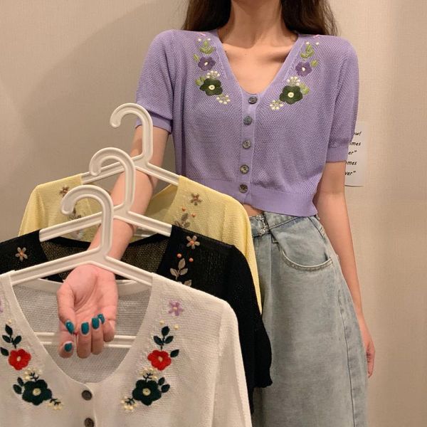 

women v-neck knitted casual sweaters cardigans lady knitting embroideried floral summer cardigan outwear crop female, White