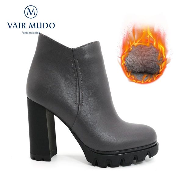 

vair mudo women ankle boots shoes high heels thick bottom thick heels genuine leather round toe short plush zipper shoes dx107, Black