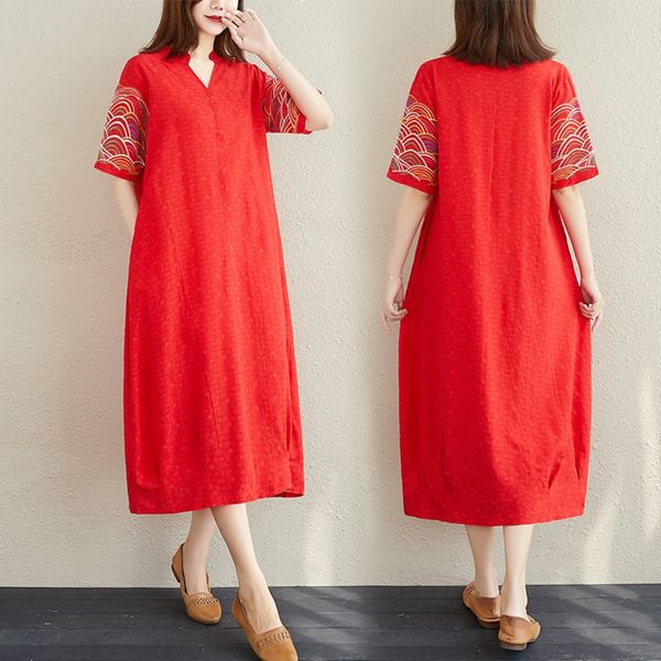 

1369 ethnic style jacquard cotton and linen short sleeve long artistic embroidery loose mori girl dress dressembroidered dress robgi, Black;gray