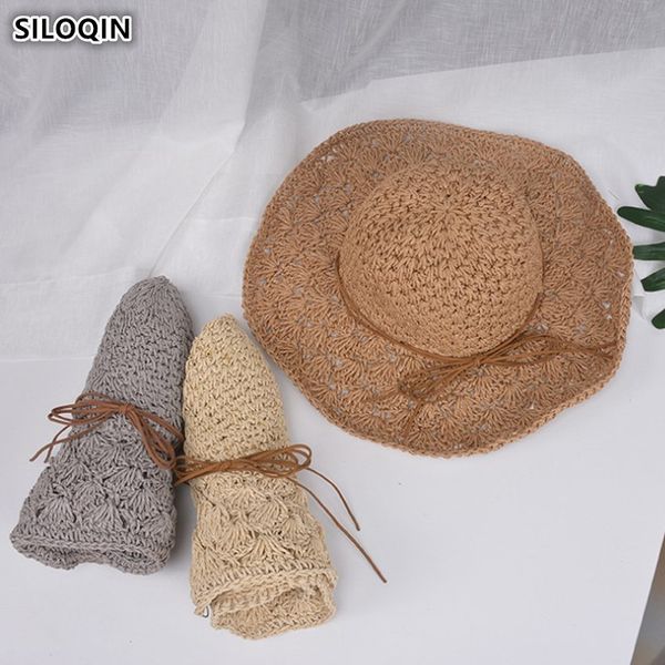 

wide brim hats siloqin foldable summer women's straw hat hollow ventilation sun korean elegant fashion breathable beach for women, Blue;gray
