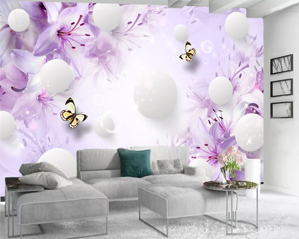 Carta da parati personalizzata con fiori 3d Palla galleggiante bianca e bellissimi fiori viola Carta da parati murale decorativa in seta 3d con flora romantica