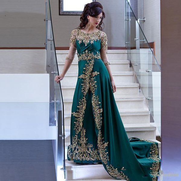 Элегантный зеленый Хантер Марокканский Кафтан Дубай Вечерние платья Золото Кружева Аппликации из бисера Saudi Arabic Мусульманский Женщины Формальные партии одежды платье