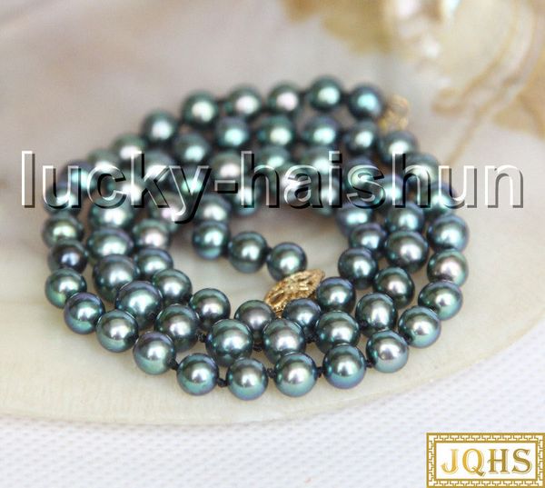 

chains 17" 6.5mm round peacock black freshwater pearls necklace 14kt clasp j13293, Silver