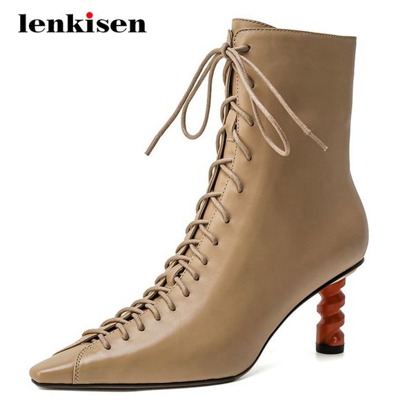 

lenkisen high street fashion genuine leather cross-tied gorgeous pointed toe high strange heel zip office lady ankle boots l75, Black