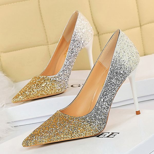 

dress shoes 2021 women bling 10cm thin high heels pumps tacones female glitter pointed toe gold pink scarpins wedding party, Black