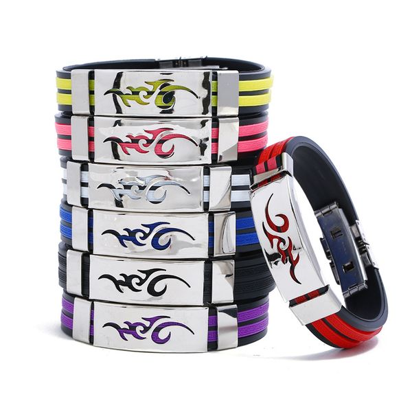 

1 pcs flame pattern steel decor silicone bracelet men jewelry basketball wristband sub sale, Golden;silver
