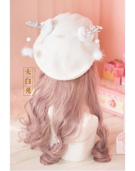 

lolita antlers rex fur ball baked cake wool beret bei lei mao painter cap dress accessories handmade diy, Blue;gray