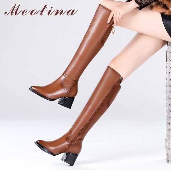 

meotina winter over the knee boots women natural genuine leather thick high heels tall boots zipper pointed toe shoes lady 34-42, Black