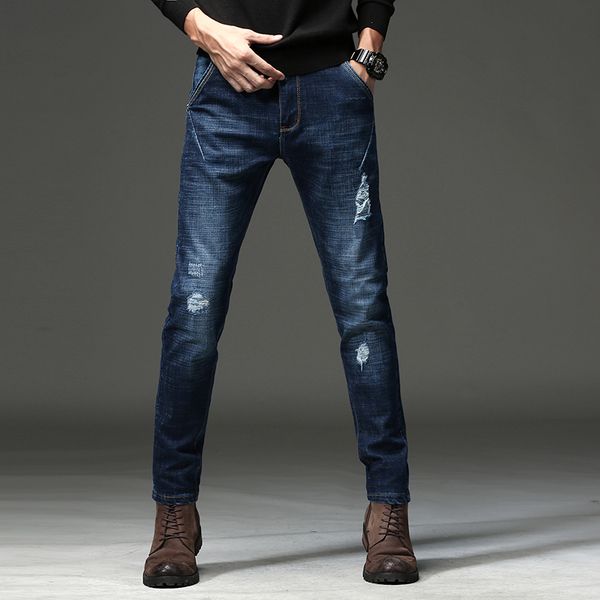 

2020 spring and summer new men thin jeans business casual stretch slim denim pants light blue black trousers male brand