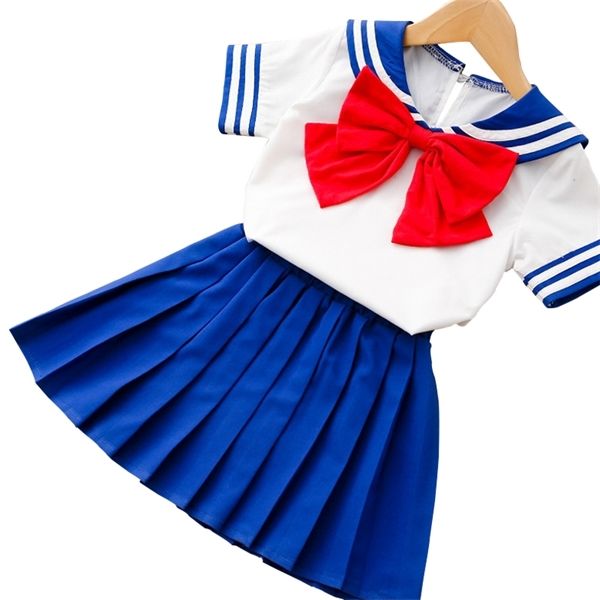 

children's suit for girls summer short sleeve bow + pleated skirt sailor moon cosplay sets casual outfit baby kids clothing 0926, White