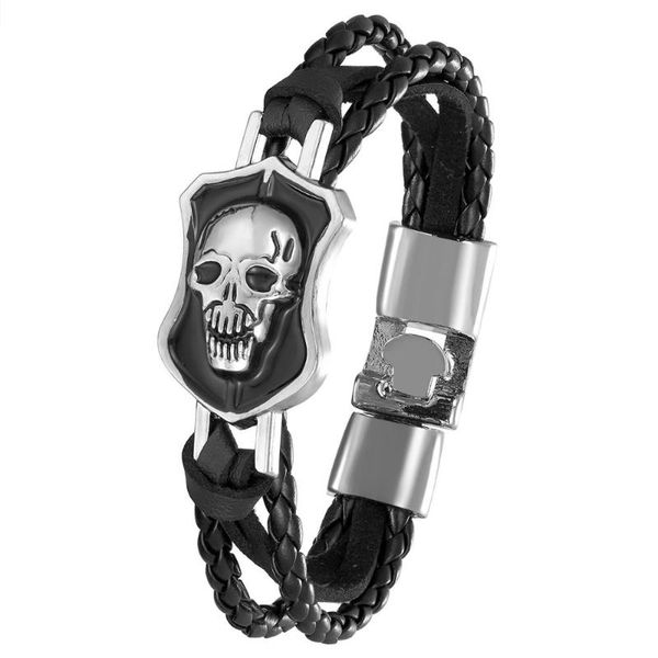 

high-quality fashion handmade multilayer leather skull bracelet and round rope twist buckle bracelet for men and women, Black
