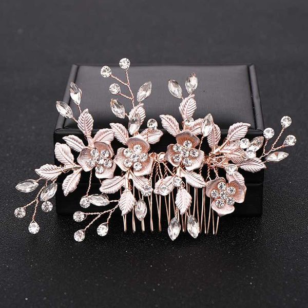 

trendy bride rose gold flower crystal wedding hair combs bridal headpiece tiara hair jewelry wedding accessories, Golden;silver