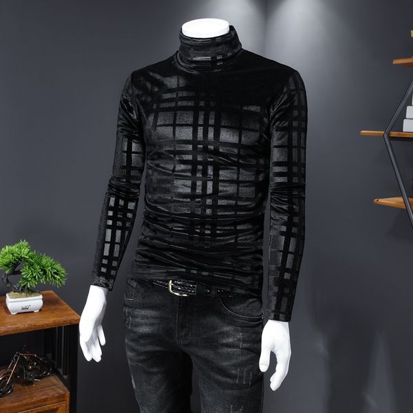 

and pattern plaid shirt bottoming shirt winter gold dark autumn small trend velvet long-sleeved guy slim men's t-shirt turtleneck ravrx, Black