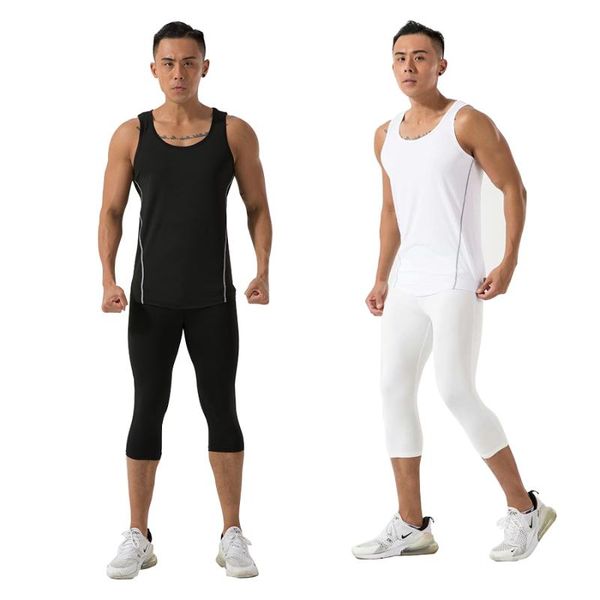 

running pants men compression capri jogging suits sports vest trousers gym fitness workout tights shirts basketball, Black;blue