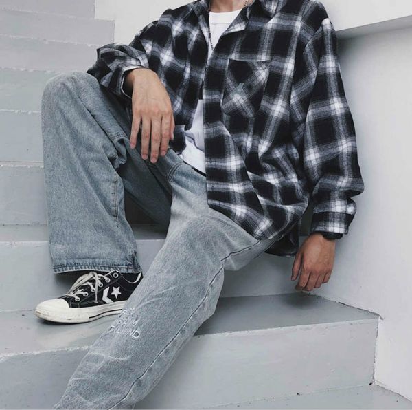 

mens plaid shirts fashion autumn shirt jacket for men long sleeves casual streetwear shirts jackets clothing, White;black