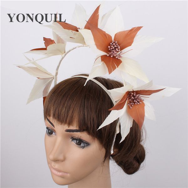 

fashion fancy feather flower bridal fascinator hat headband nice show wedding headwear ladies marry bridal hair accessory 6pcs, Blue;gray